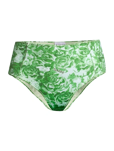 Ganni Recycled Rose Print High-waist Bikini Bottoms In Green