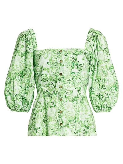 Ganni Women's Puff-sleeve Rose Print Cotton Poplin Blouse In Island Green