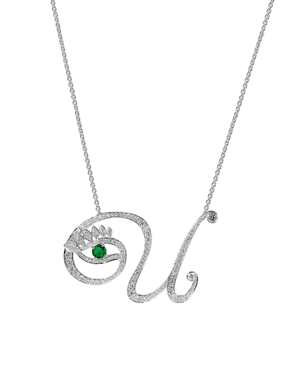 Tabayer Eye 18k White Gold, Emerald & Diamond Unique Pendant Necklace