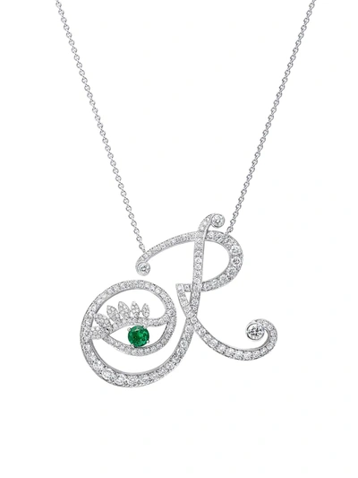 Tabayer Eye 18k White Gold, Diamond & Emerald Romantic Pendant Necklace