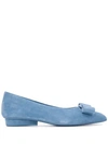 Ferragamo Viva Denim Bow Pointed-toe Ballet Flats In Blue
