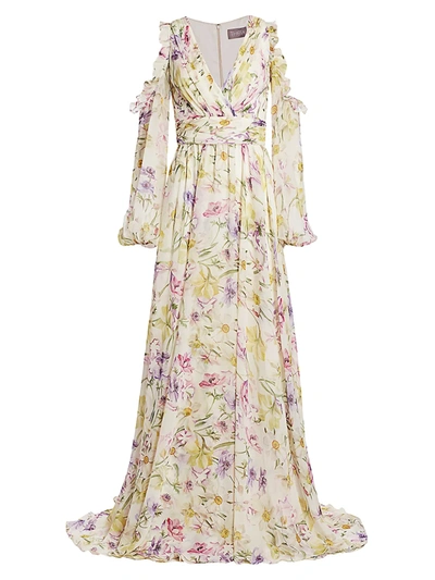 Theia Floral Cold-shoulder Chiffon Gown In Rose Multi