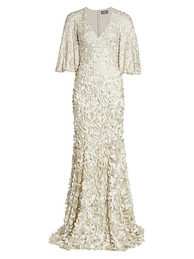 Theia Floral Embroidered Petal Gown In Silver Birch