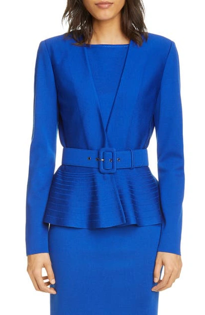 St John Engineered Milano Knit Peplum Jacket In Vivid Blue