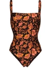 Matteau Hibiscus Print Square Neck Swimsuit In Orange