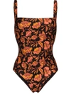 Matteau Hibiscus Print Square Neck Swimsuit In Pink Hibiscus