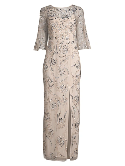 Aidan Mattox Swirl Embellished Bell-sleeve Gown In Champagne