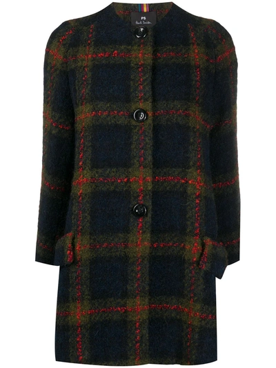 Ps By Paul Smith Crew Neck Check Coat In Blue