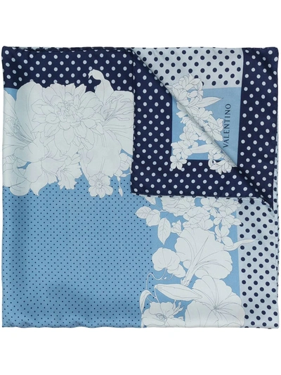 Pre-owned Valentino 2000s Polka Dot And Floral Silk Scarf In Blue