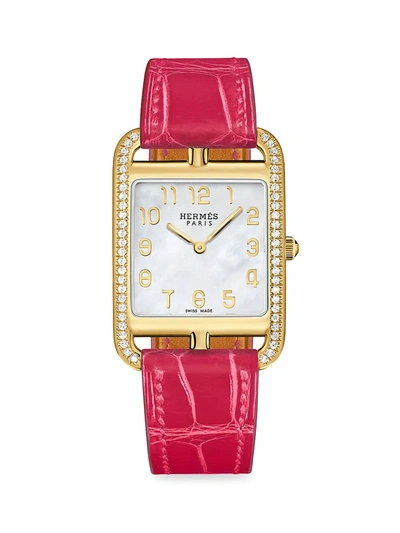 Hermes Cape Cod 37mm 18k Yellow Gold, Diamond & Alligator Strap Watch In Pink