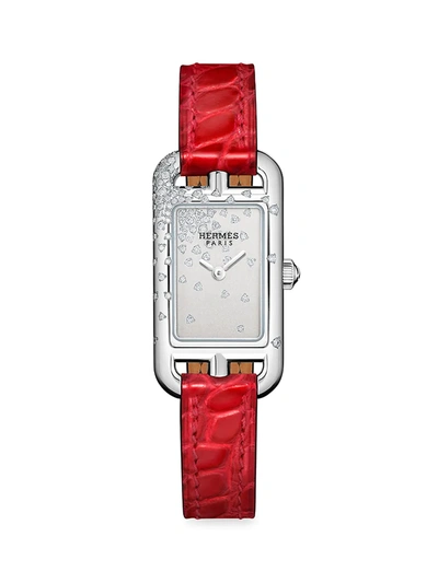 Pre-owned Hermes Women's Nantucket 29mm Stainless Steel, Diamond & Alligator Strap Watch In Red