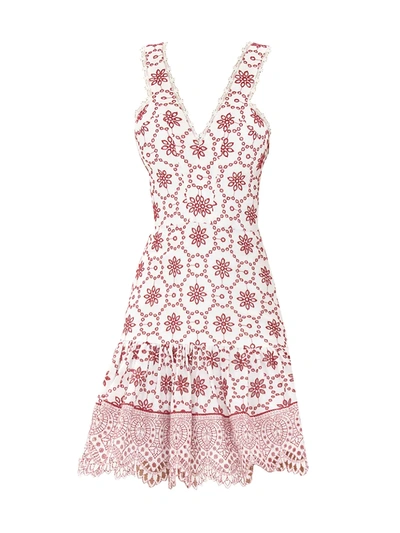 Alexis Villa Eyelet Lace Flounce Dress In Berry Eyelet Embroidered