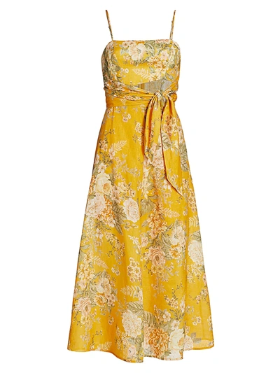 Zimmermann Amelie Floral Tie Linen Midi A-line Dress In Amber Floral