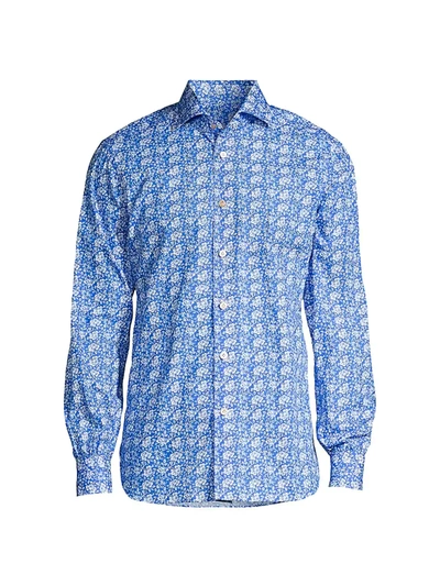Kiton Men's Royal Floral-print Sport Shirt In Royal Blue