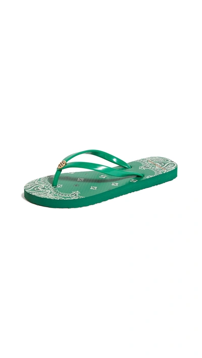 Tory Burch Women's Thin Bandana-print Flip Flops In Amazon Green