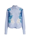 Valentino Women's Lace Pinstripe Cropped Button-down Shirt In Riga Celeste Bianco Blue Multi