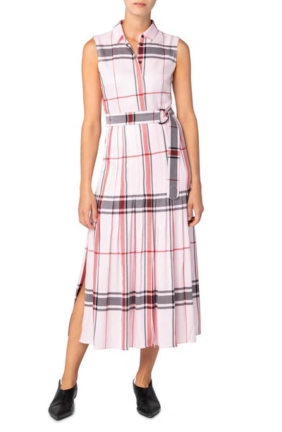 Akris Punto Plaid Sleeveless Belted Midi Shirtdress W/ Side Slit In Pink