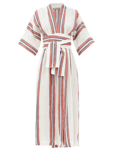 Three Graces London Charita Gingham Cotton-blend Seersucker Wrap Midi Dress In White