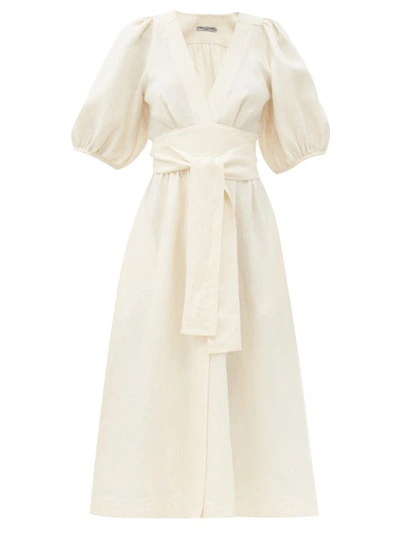 Three Graces London Fiona Puff-sleeve Tie-waist Linen Midi Dress In Chalk