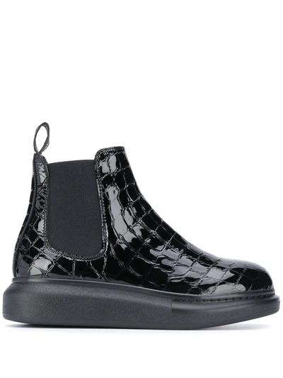 Alexander Mcqueen Hybrid Croc-embossed Patent Leather Chelsea Boots In Black