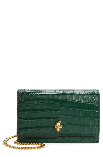 Alexander Mcqueen Mini Skull Croc Embossed Leather Bag In Emerald