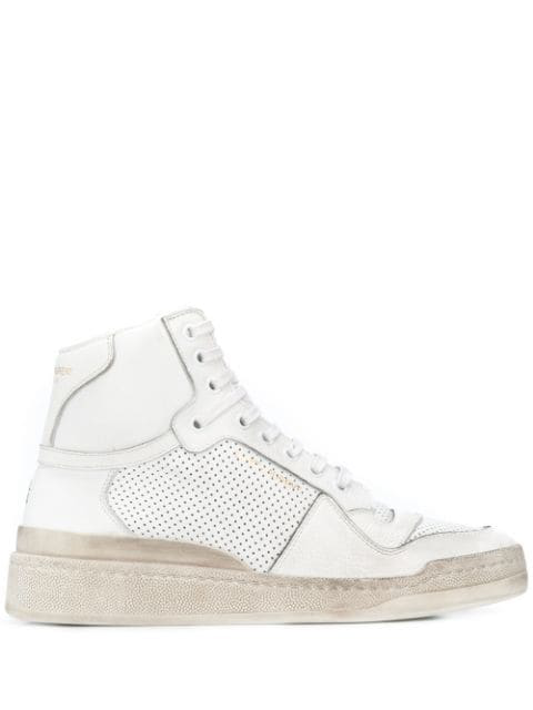 Saint Laurent Sl24 High-top Perforated Leather Sneakers In White 