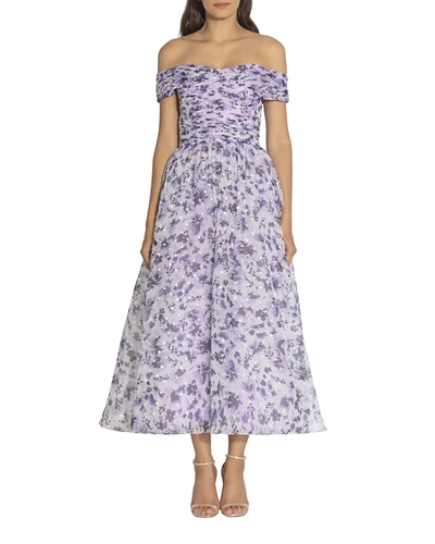 Shoshanna Meraki Lilac Floral Off-the-shoulder Tea-length Dress In Purple Pattern
