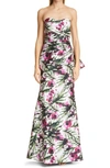 Badgley Mischka Floral Print Bow Back Strapless Mermaid Gown In Light Ivory Raspberry