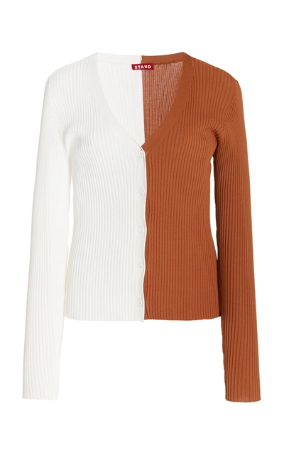 Staud Color Block Ribbed Cardigan Sweater In White/beige
