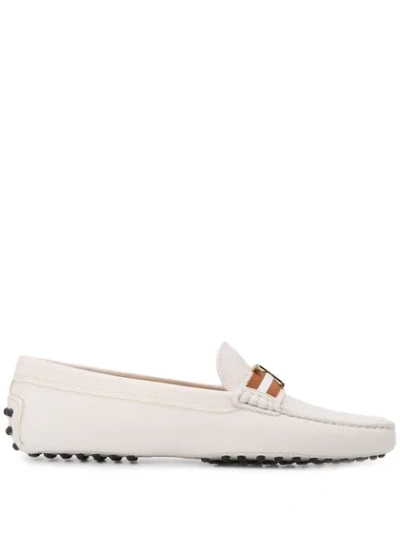 Tod's Moccasin Metallic T Monogram In Deer Leather In White
