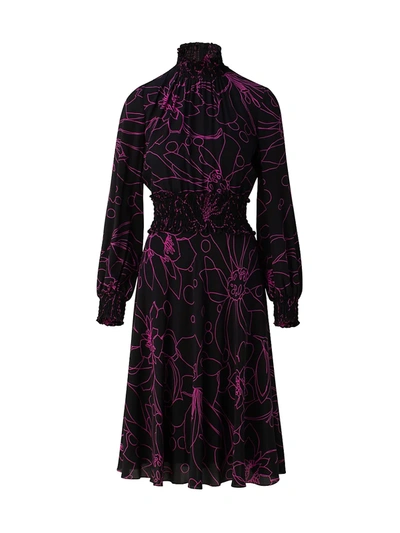Akris Punto Sashiko Flower Silk Turtleneck Dress In Black Neon Pink