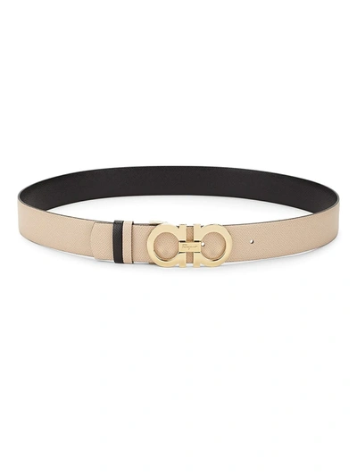 Ferragamo Double Gancini Reversible Leather Belt In Macadamia