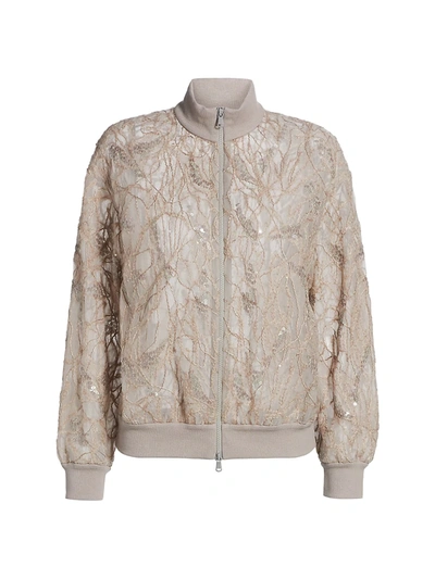 Brunello Cucinelli Women's Silk Tulle & Paillette Embroidered Bomber Jacket In Light Grey