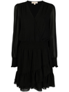 Michael Michael Kors Smocked-waist Solid Ruffle Dress In Black