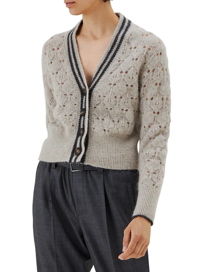Brunello Cucinelli Cropped Pointelle Cardigan In Light Gray