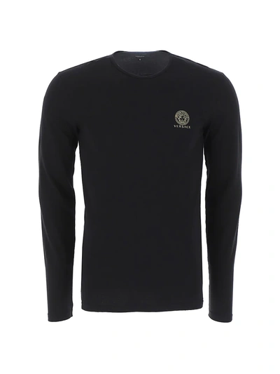 Versace Long-sleeve Cotton Stretch Crewneck In Nero