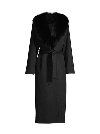 Sofia Cashmere Shawl Fur Collar Wrap Coat In Black