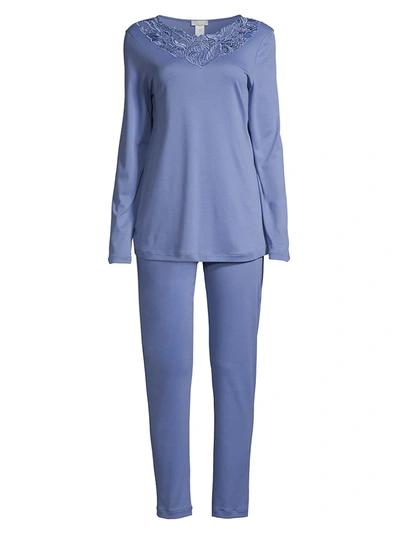 Hanro Women's Madlen Embroidery-trimmed 2-piece Long Pajama Set In Clematis Blue