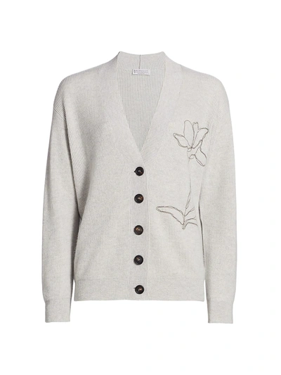 Brunello Cucinelli Women's Floral Embroidered Cashmere Ribbed Cardigan In Light Grey