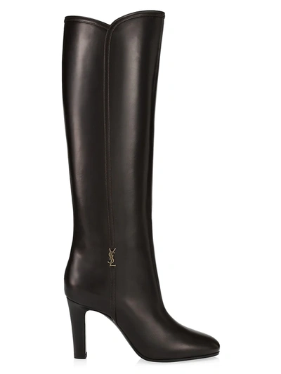 Saint Laurent Women's Blu Tall Leather Boots In Mocaccino