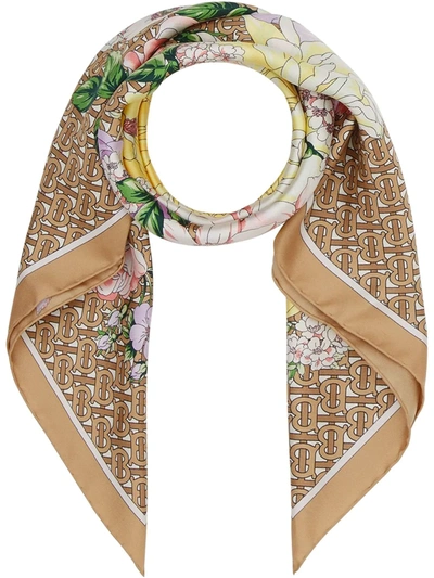 Burberry Floral And Monogram Print Silk Square Scarf In Archive Beige