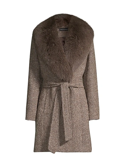 Sofia Cashmere Fur Collar Belted Jacket In Brown Tweed