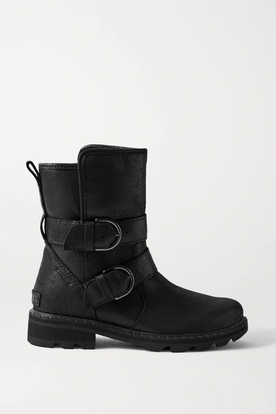 Sorel Lennox Moto Cozy Buckled Shearling-lined Waterproof Brushed-leather Ankle Boots In Black