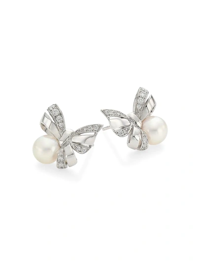 Mikimoto Women's Jeux De Rubans 18k White Gold, 7.5mm White Cultured Akoya Pearl & Diamond Ribbon Earrings