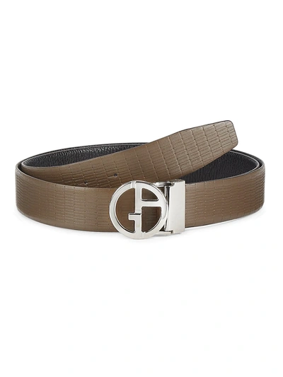 Giorgio Armani Silvertone Logo Leather Belt In Brown