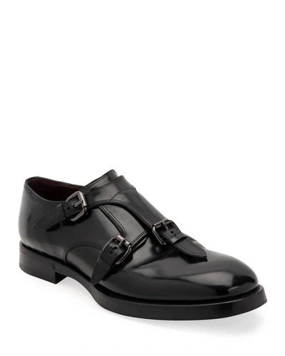 Dolce & Gabbana Men's Runway Triple-monk Strap Leather Slip-on Shoes In Black
