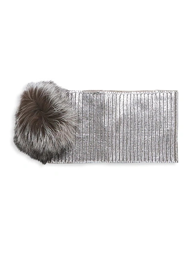 Adrienne Landau Women's Fox Fur Pom-pom Metallic Knit Headband In Silver