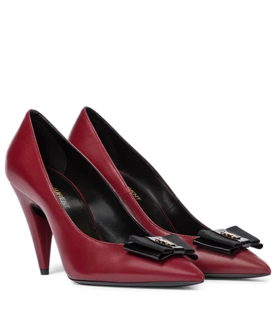 Saint Laurent 90mm Bow-detail Logo-plaque Pumps In Red,black