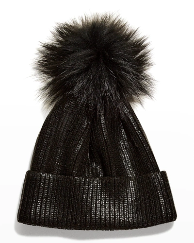 Adrienne Landau Metallic Ribbed Beanie W/ Fox Fur Pompom In Black