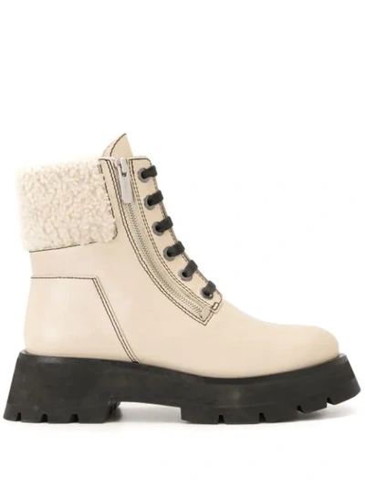 3.1 Phillip Lim / フィリップ リム Kate Zip Lug-sole Shearling-trimmed Leather Combat Boots In Creme Brulee